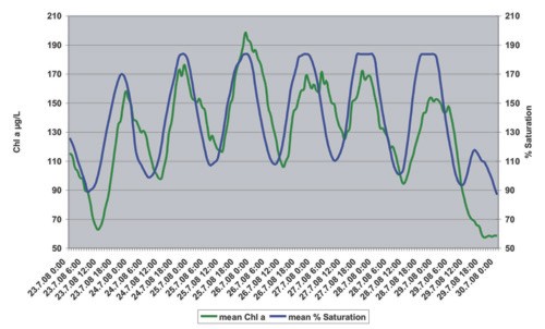 Tagesgangentwicklung der Sauerstoffsättigung und des Chlorophyll a Gehaltes